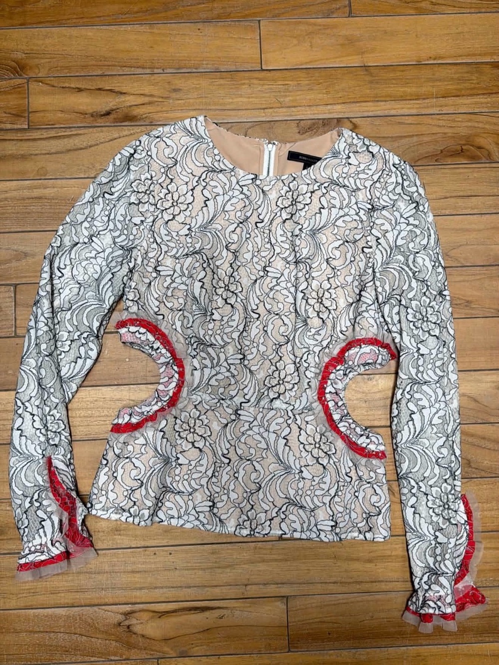 BCBGMaxAzria Cream Lace Peplum Top with Black Overlay and Red Trim
